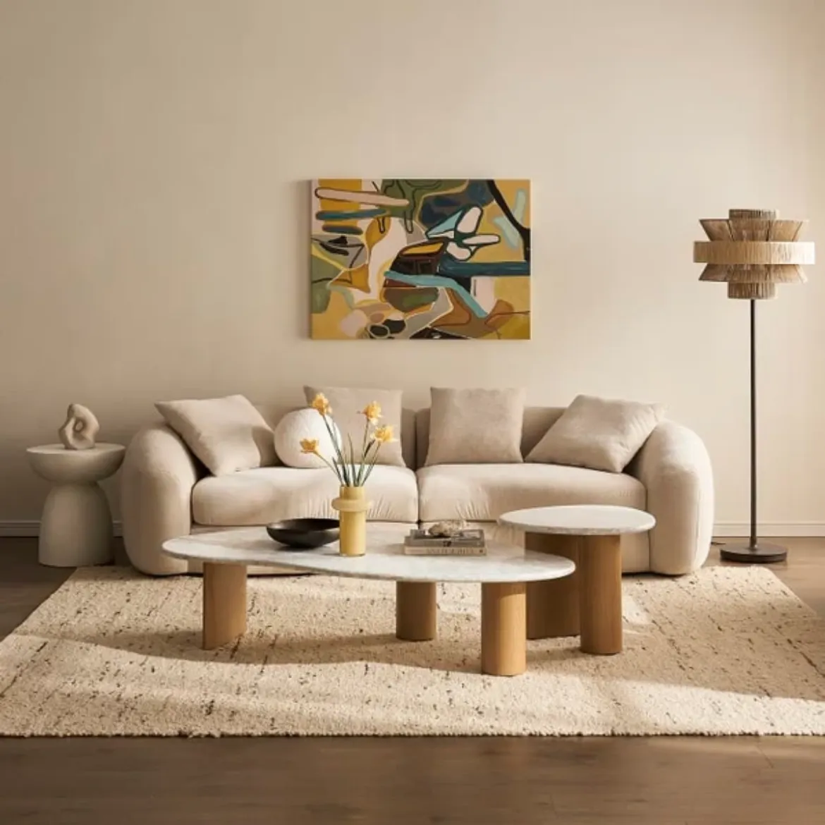 Picture of Modern Curved Sofa: 274cm Wide, Unique Silhouette, Plush Cushions, 100% Polyester Upholstery, Neutral Tones for Contemporary Living Spaces