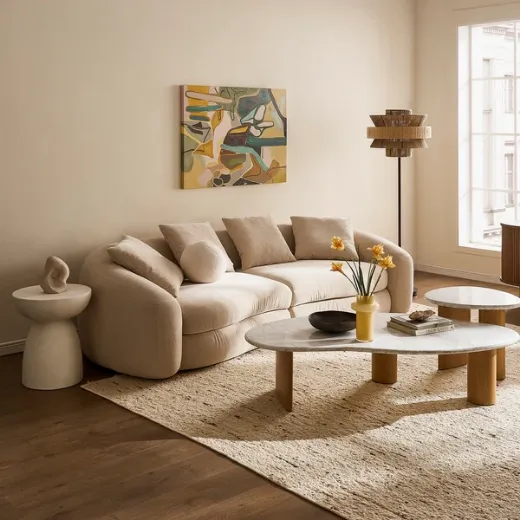 Picture of Modern Curved Sofa: 274cm Wide, Unique Silhouette, Plush Cushions, 100% Polyester Upholstery, Neutral Tones for Contemporary Living Spaces