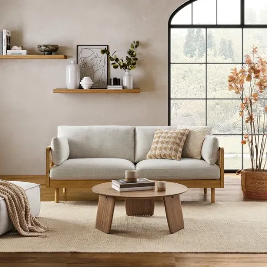 Picture of Modern Rattan Sofa: 200cm Wide, Natural Cane Accents, Polyester-Linen Upholstery, Rubber Wood Frame, Sleek Design for Contemporary Comfort