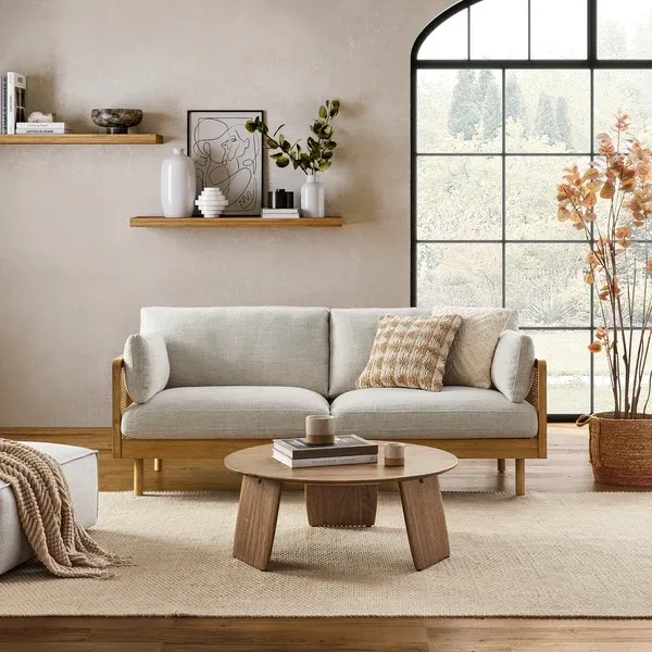 Show details for Modern Rattan Sofa: 200cm Wide, Natural Cane Accents, Polyester-Linen Upholstery, Rubber Wood Frame, Sleek Design for Contemporary Comfort Picture of Modern Rattan Sofa: 200cm Wide, Natural Cane Accents, Polyester-Linen Upholstery, Rubber Wood Frame, Sleek Design for Contemporary Comfort