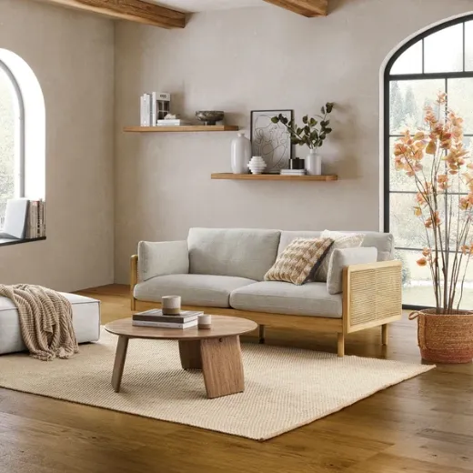 Picture of Modern Rattan Sofa: 200cm Wide, Natural Cane Accents, Polyester-Linen Upholstery, Rubber Wood Frame, Sleek Design for Contemporary Comfort