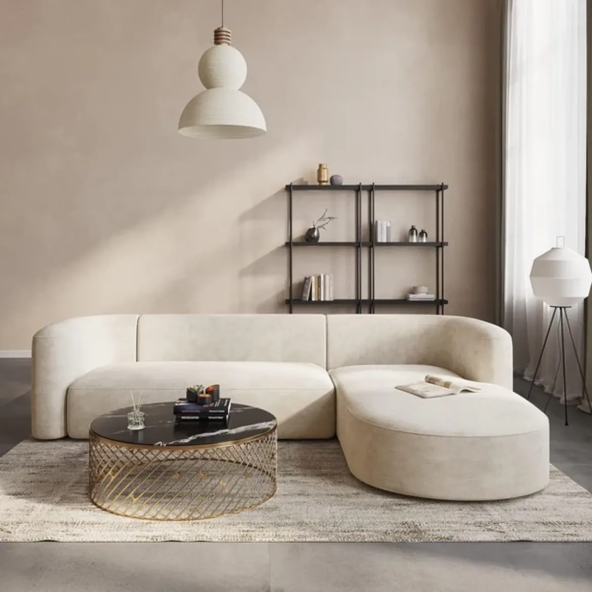 Picture of Luxury Velvet L-shaped Sofa: 292cm Wide, Plush Upholstery, Firm Cushions, Sleek Minimalist Design, Blending Japanese & Scandinavian Aesthetics for Modern Living
