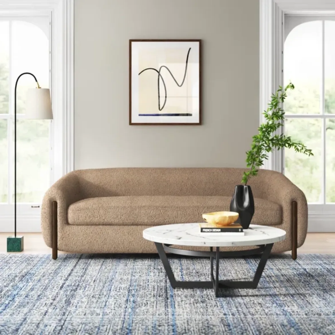 Picture of Minimalist Velvet Sofa: Soft Upholstery, Organic Curves, Deep Cushions, Solid Wood Accents, 220cm Wide, Blending Japanese & Scandinavian Aesthetics