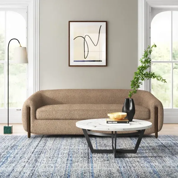 Show details for Minimalist Velvet Sofa: Soft Upholstery, Organic Curves, Deep Cushions, Solid Wood Accents, 220cm Wide, Blending Japanese & Scandinavian Aesthetics Picture of Minimalist Velvet Sofa: Soft Upholstery, Organic Curves, Deep Cushions, Solid Wood Accents, 220cm Wide, Blending Japanese & Scandinavian Aesthetics