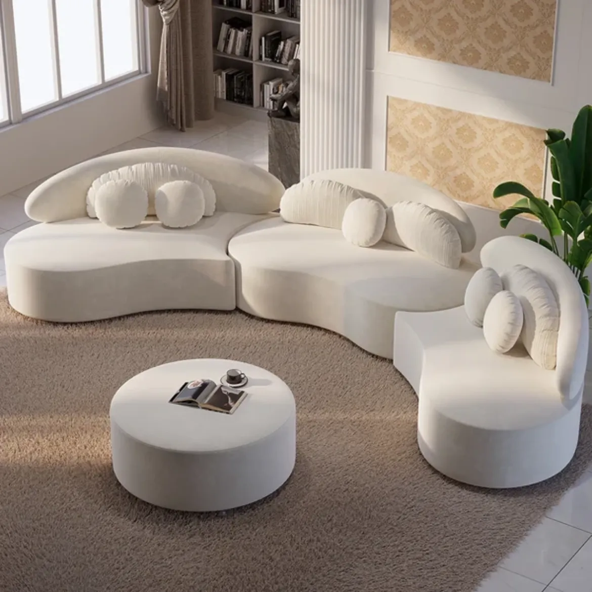 Picture of Elegant Curved Velvet Sectional Sofa: 370cm Length, Modular Design, Plush Cushions, Stainless Steel & Engineered Wood Frame, Blending Organic & Minimalist Styles