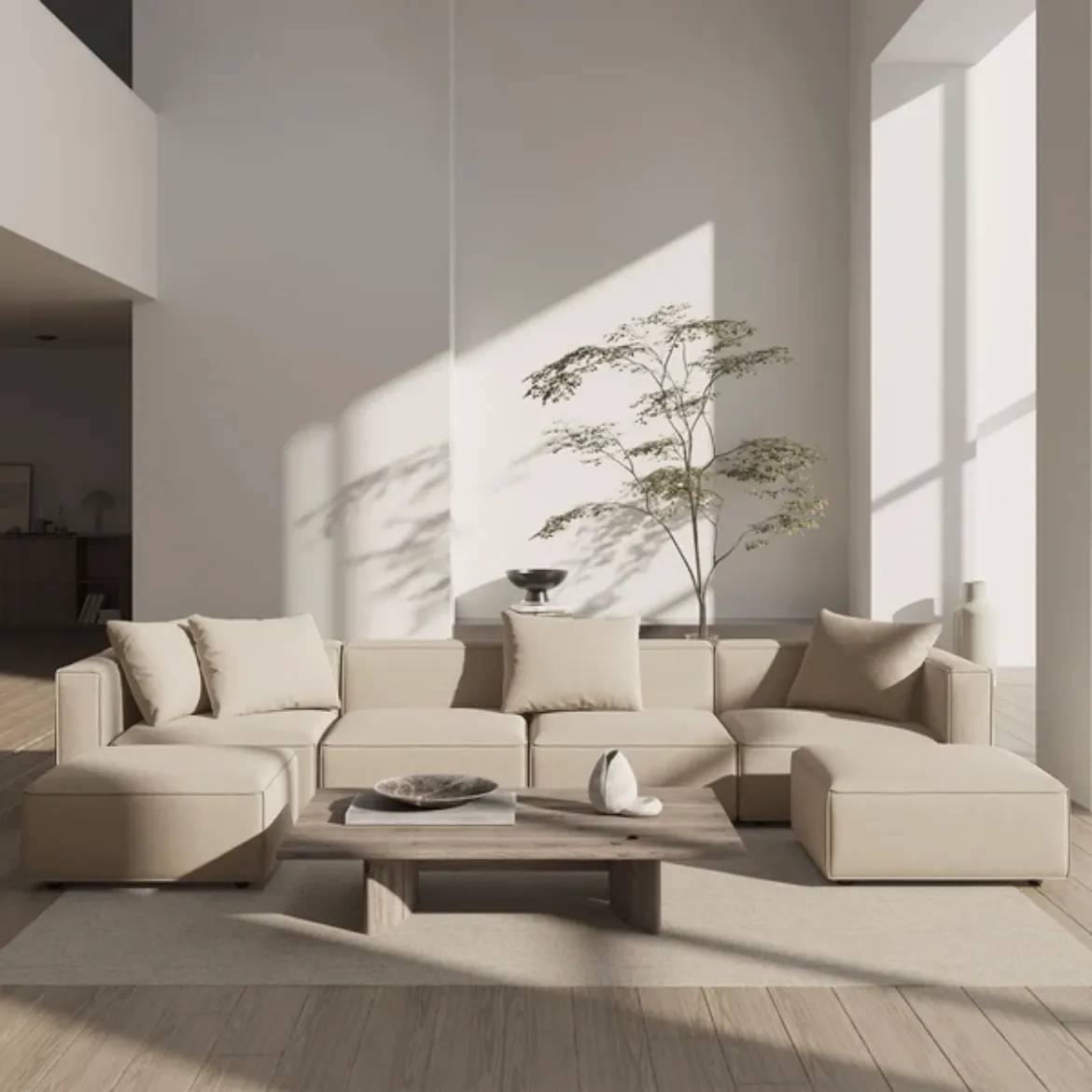 Picture of Spacious U-shape Sectional Sofa: 330cm Wide, Linen Upholstery, Clean Lines, Neutral Tones, Blending Japanese & Scandinavian Minimalism for Large Living Spaces