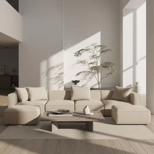 Picture of Spacious U-shape Sectional Sofa: 330cm Wide, Linen Upholstery, Clean Lines, Neutral Tones, Blending Japanese & Scandinavian Minimalism for Large Living Spaces