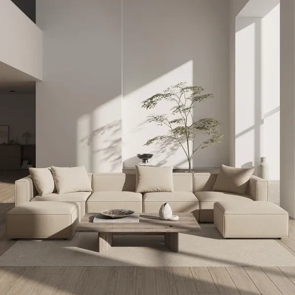 Show details for Spacious U-shape Sectional Sofa: 330cm Wide, Linen Upholstery, Clean Lines, Neutral Tones, Blending Japanese & Scandinavian Minimalism for Large Living Spaces Picture of Spacious U-shape Sectional Sofa: 330cm Wide, Linen Upholstery, Clean Lines, Neutral Tones, Blending Japanese & Scandinavian Minimalism for Large Living Spaces