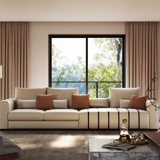 Picture of Elegant Faux Leather Sofa: Clean Lines, Modern Comfort, Neutral Tones, Blending Japanese & Scandinavian Minimalism