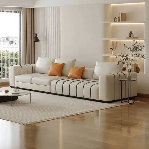 Picture of Elegant Faux Leather Sofa: Clean Lines, Modern Comfort, Neutral Tones, Blending Japanese & Scandinavian Minimalism