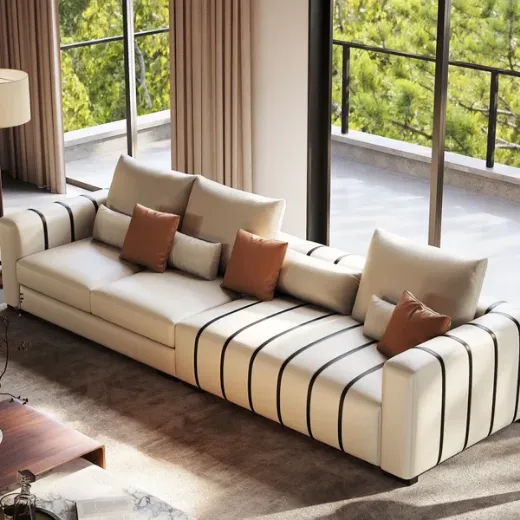 Picture of Elegant Faux Leather Sofa: Clean Lines, Modern Comfort, Neutral Tones, Blending Japanese & Scandinavian Minimalism