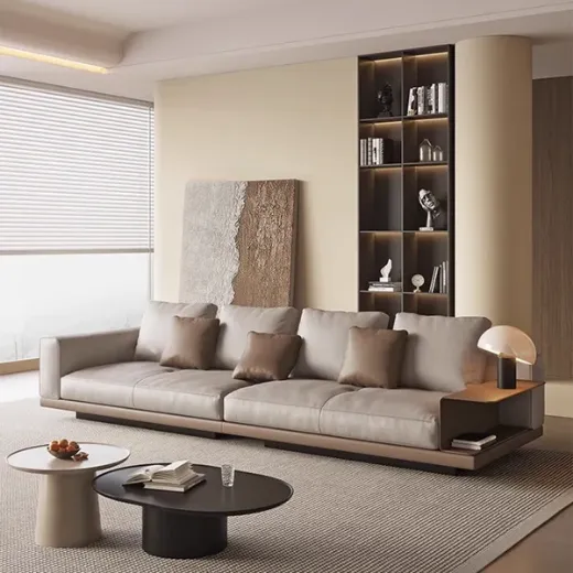 Picture of Modern Square Arm Modular Sofa: 315cm Wide Linen Upholstery, Built-in Side Table, Solid Wood Frame, Blending Functionality & Refined Japandi Aesthetics