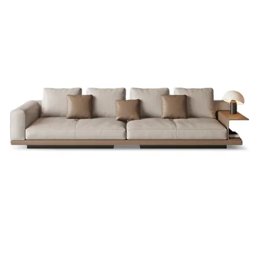 Picture of Modern Square Arm Modular Sofa: 315cm Wide Linen Upholstery, Built-in Side Table, Solid Wood Frame, Blending Functionality & Refined Japandi Aesthetics