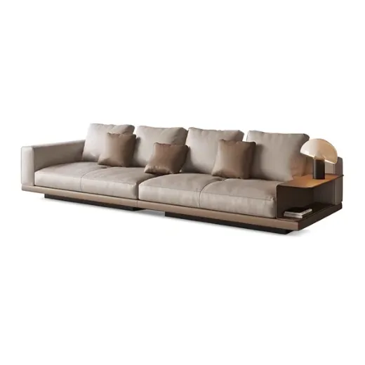 Picture of Modern Square Arm Modular Sofa: 315cm Wide Linen Upholstery, Built-in Side Table, Solid Wood Frame, Blending Functionality & Refined Japandi Aesthetics