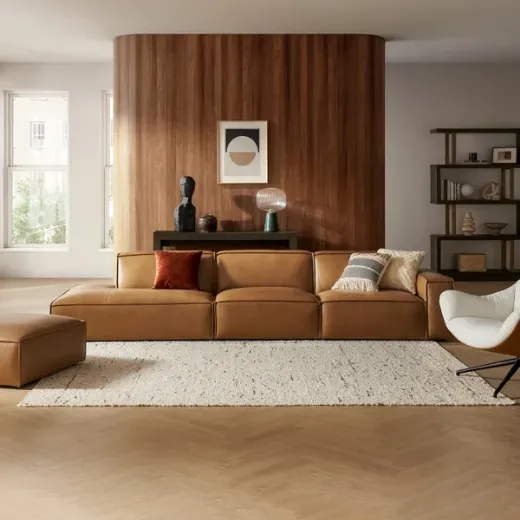 Picture of Luxury Brown Leather Sofa: 341cm Wide, Top Grain Caramel Leather, Sleek Minimalist Lines, Classic Design with Modern Comfort for Spacious Living