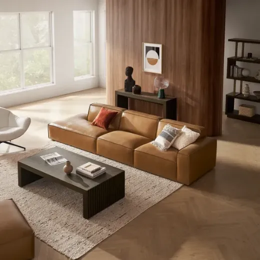 Picture of Luxury Brown Leather Sofa: 341cm Wide, Top Grain Caramel Leather, Sleek Minimalist Lines, Classic Design with Modern Comfort for Spacious Living
