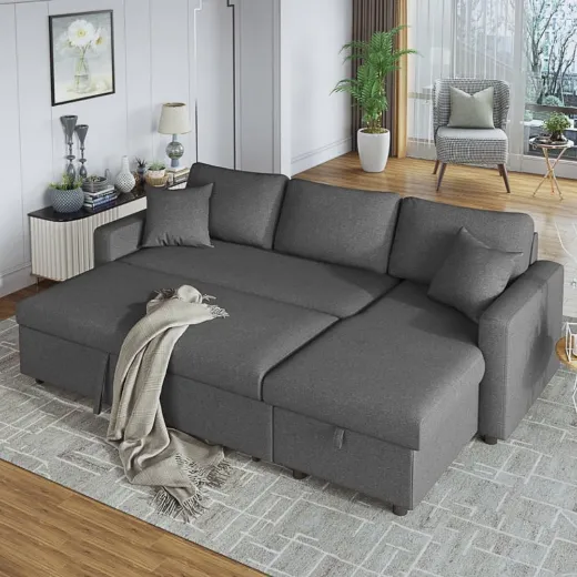 Picture of Modern Grey Cum Bed Sofa: Space-Saving, Multi-Functional Seating with High-Density Foam & Grid Green Fabric for Living Room, Bedroom & Office