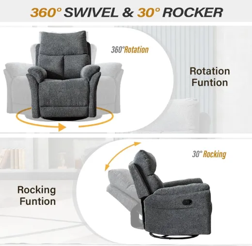 Picture of Manual Swivel Glider Recliner: Overstuffed Fabric Rocking Chair with 90°-150° Recline, Padded Comfort for Nursery, Living Room & Study, Grey - A&ORE14