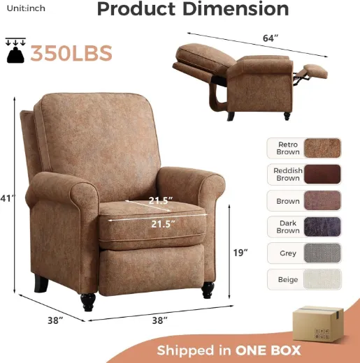 Picture of Push Back Recliner Chair: Overstuffed Wingback Design, Retro Brown Textured Fabric, FSC-Certified Wood Frame, Ergonomic & Adjustable for Living Room & Office Comfort  -A&ORE15