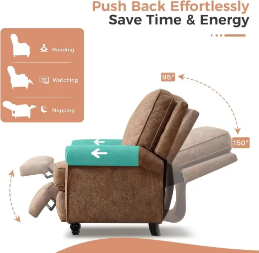 Picture of Push Back Recliner Chair: Overstuffed Wingback Design, Retro Brown Textured Fabric, FSC-Certified Wood Frame, Ergonomic & Adjustable for Living Room & Office Comfort  -A&ORE15