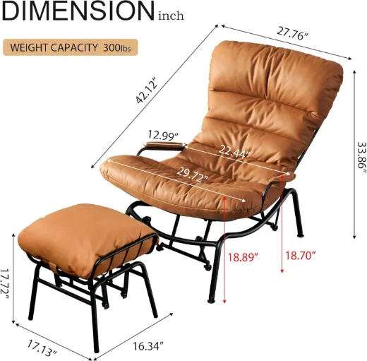 Picture of Mid-Century Modern Glider Rocking Chair with Ottoman: Brown Suede Leather, Metal Frame, Silent Gliding Motion, Wide Ergonomic Seating for Living Room & Bedroom Comfort - A&ORE16
