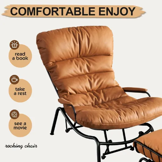 Picture of Mid-Century Modern Glider Rocking Chair with Ottoman: Brown Suede Leather, Metal Frame, Silent Gliding Motion, Wide Ergonomic Seating for Living Room & Bedroom Comfort - A&ORE16