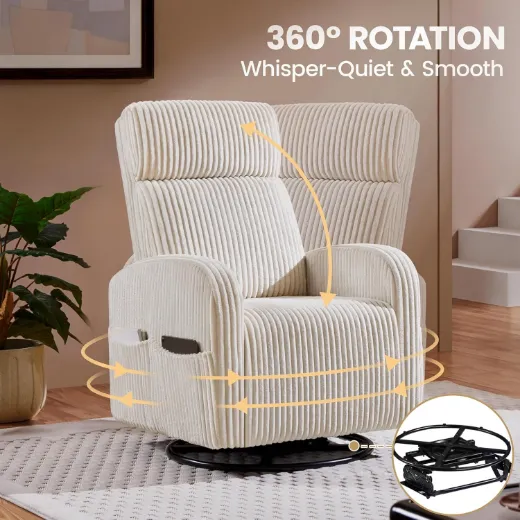 Picture of Modern Beige Corduroy Swivel Rocking Nursery Chair: High Back, Side Pockets, Engineered Wood Frame, 360-Degree Swivel for Living Room & Bedroom Comfort - A&ORE17