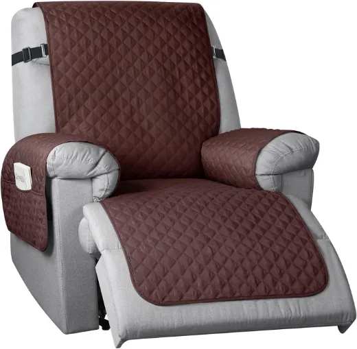 Picture of Non-Slip Recliner Cover: Brown, Large 1-Seater (71cm Seat Width), Washable 50% Cotton/50% Polyester Fabric, Pet & Stain Protector with Elastic Straps - A&ORE18