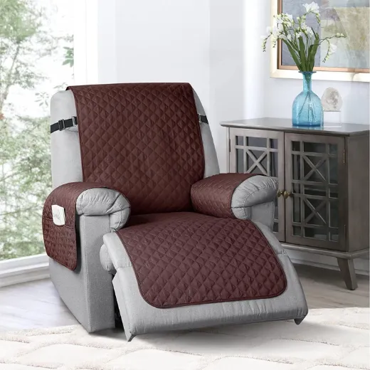 Picture of Non-Slip Recliner Cover: Brown, Large 1-Seater (71cm Seat Width), Washable 50% Cotton/50% Polyester Fabric, Pet & Stain Protector with Elastic Straps - A&ORE18