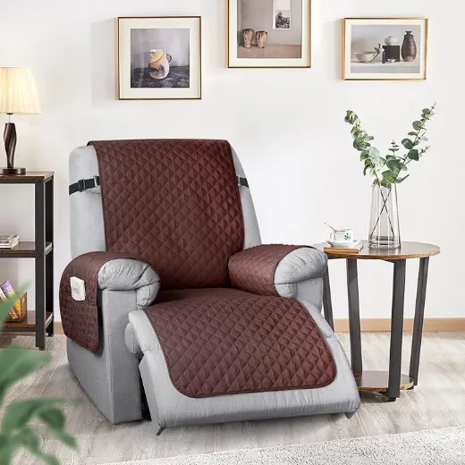 Picture of Non-Slip Recliner Cover: Brown, Large 1-Seater (71cm Seat Width), Washable 50% Cotton/50% Polyester Fabric, Pet & Stain Protector with Elastic Straps - A&ORE18
