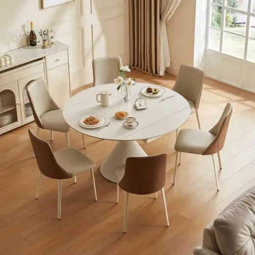 Picture of Retractable Round Dining Table: White Color, Accommodates 6-8, Avant-Garde Base, Modern & Elegant Design