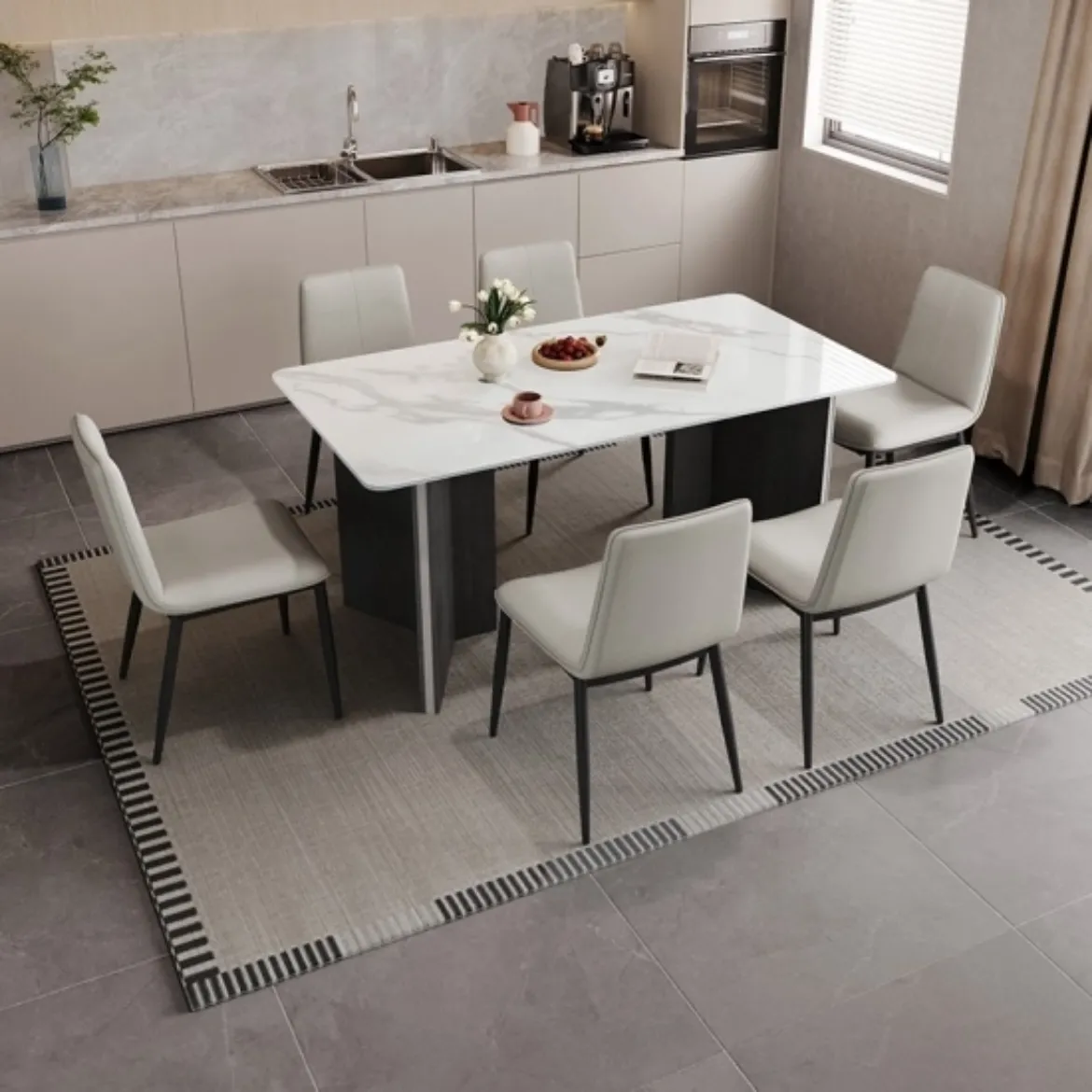 Picture of Modern Square Dining Table and Chairs: Elegant Design, Sleek Profile, Durable Surface, Warm-Sand Color
