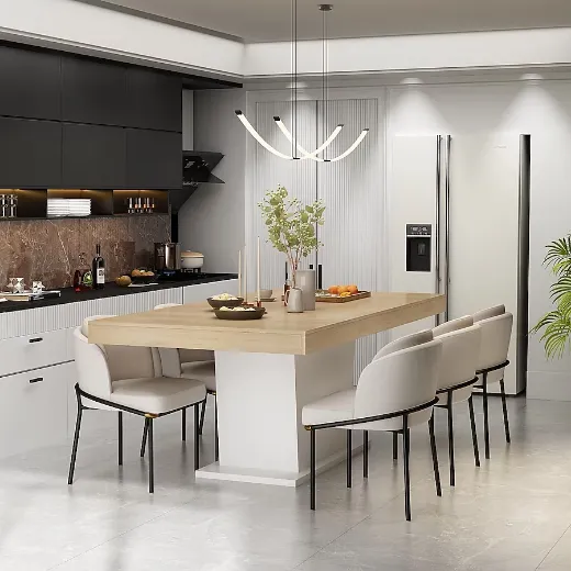 Picture of Contemporary/Modern Dining Table: 79-in Length, Spacious 8-10 Seater, Light Top with White Pedestal Base