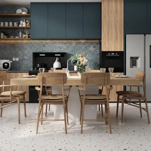 Picture of Contemporary/Modern Dining Table: 79-in Length, Spacious 8-10 Seater, Light Top with White Pedestal Base