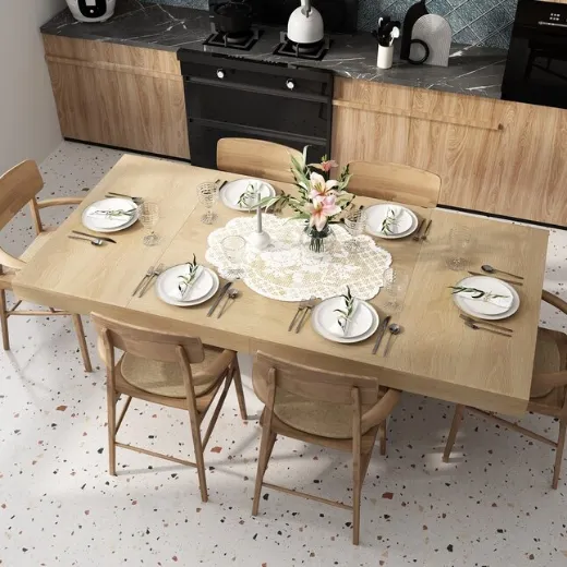 Picture of Contemporary/Modern Dining Table: 79-in Length, Spacious 8-10 Seater, Light Top with White Pedestal Base