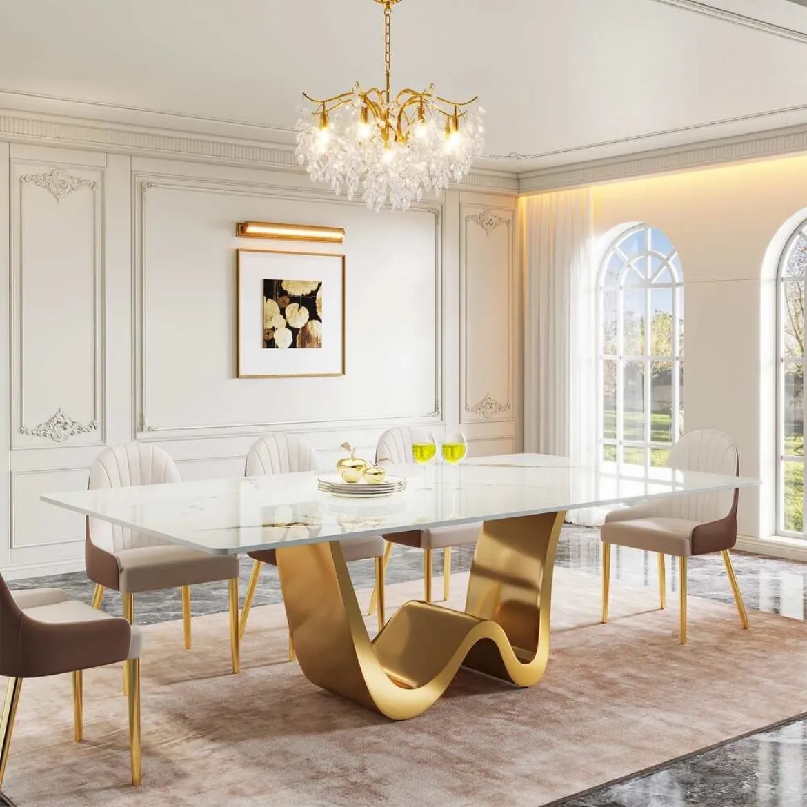 Picture of 79" Dining Table: Luxury Modern Kitchen Table, Unique Katakin Pattern, W-Shaped Base, Seats 8-10