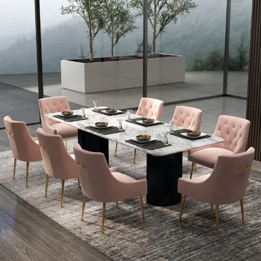 Picture of Modern Glam Dining Chair Set of 8: Tufted, Supportive Back, Pink, Sturdy Gold-Colored Legs