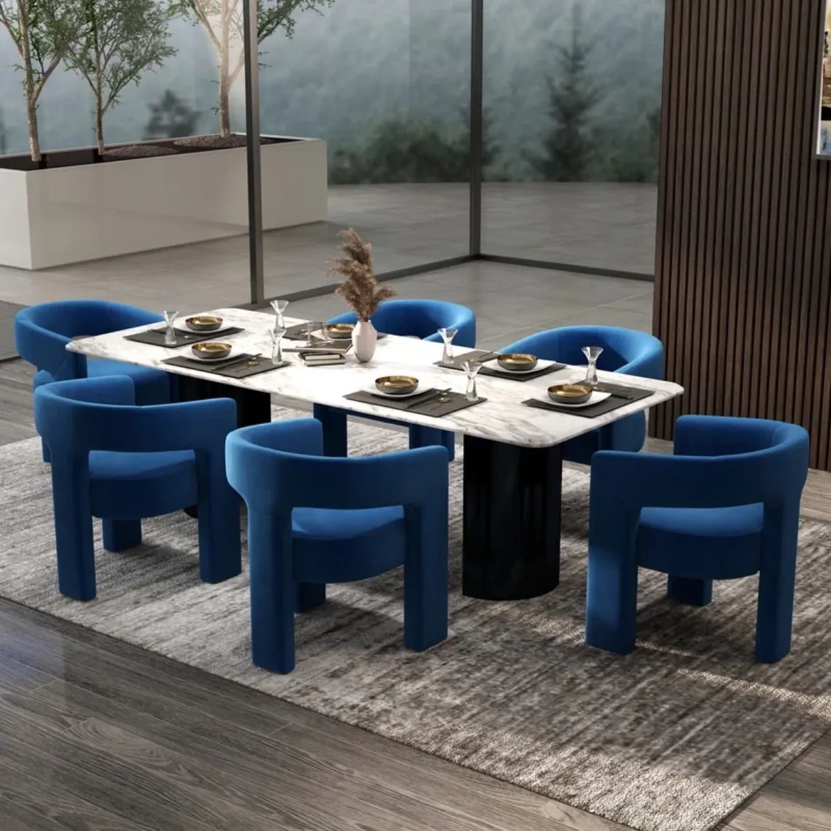 Picture of Modern Glam Dining Chair Set of 6: Open-Back Accent, Unique Arched Base, Navy