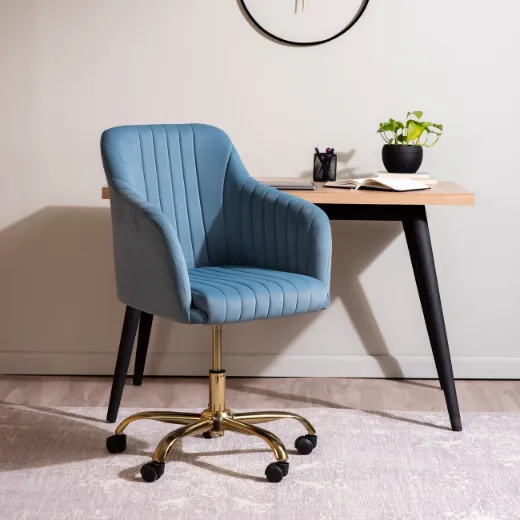 Picture of Luxurious Adjustable Office Chair: Light Blue, Plush, Sleek Armrests, Swivel, Gold-Glide Wheels
