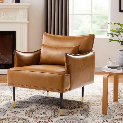 Picture of Modern Oversized Accent Chair: Camel, Golden Legs, Side Pocket, Mid-Century Style