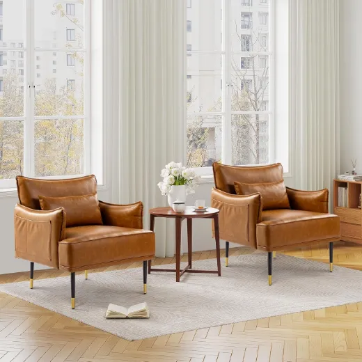 Picture of Modern Oversized Accent Chair: Camel, Golden Legs, Side Pocket, Mid-Century Style