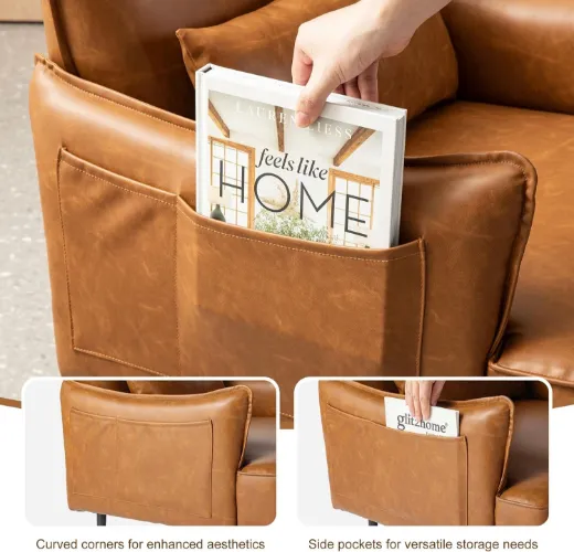 Picture of Modern Oversized Accent Chair: Camel, Golden Legs, Side Pocket, Mid-Century Style