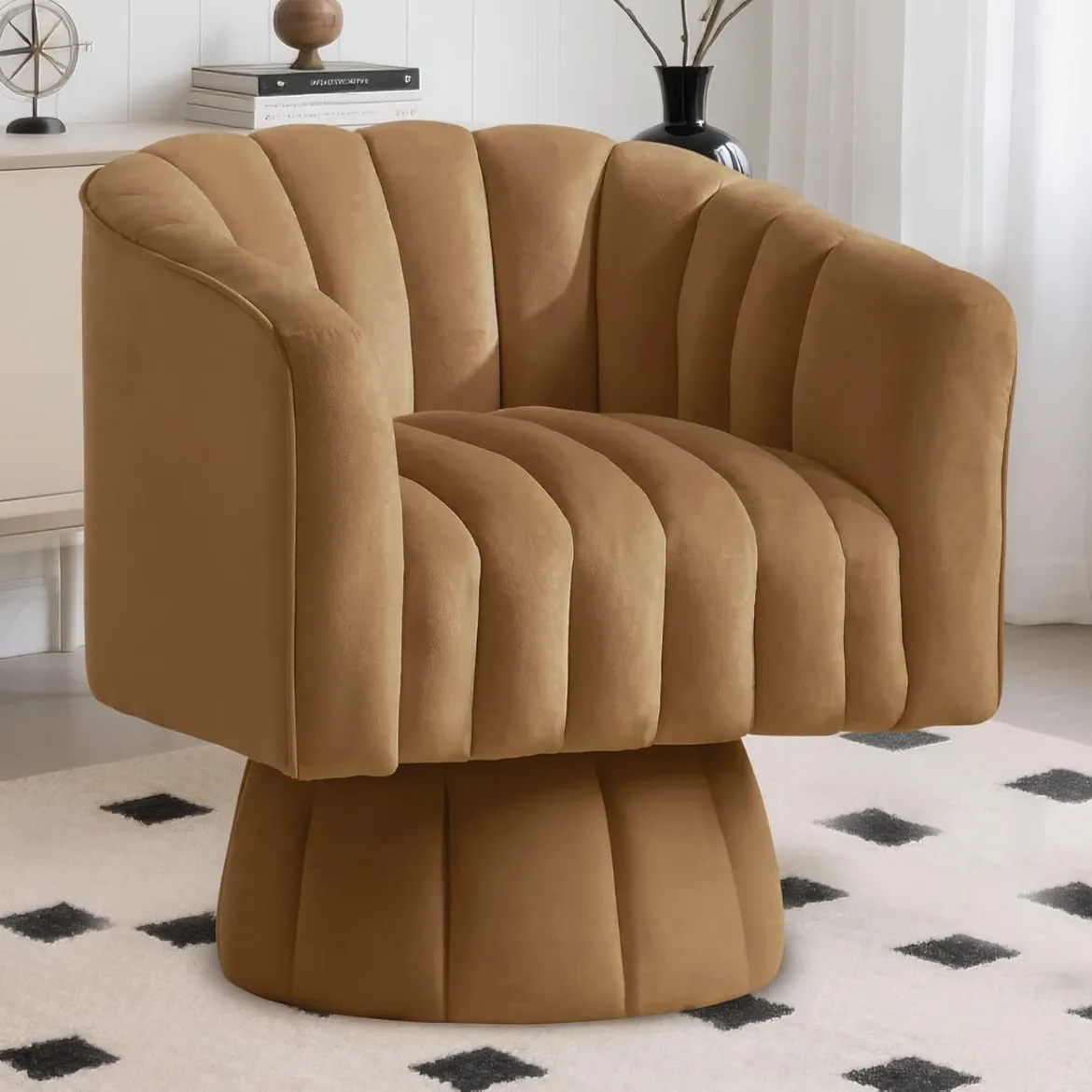 Picture of 360° Swivel Barrel Accent Chair: Mid-Century Modern, Wide Upholstered, Brown Velvet