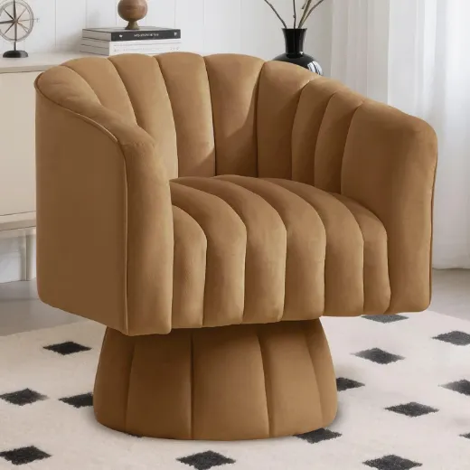 Picture of 360° Swivel Barrel Accent Chair: Mid-Century Modern, Wide Upholstered, Brown Velvet