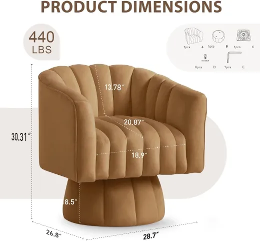 Picture of 360° Swivel Barrel Accent Chair: Mid-Century Modern, Wide Upholstered, Brown Velvet