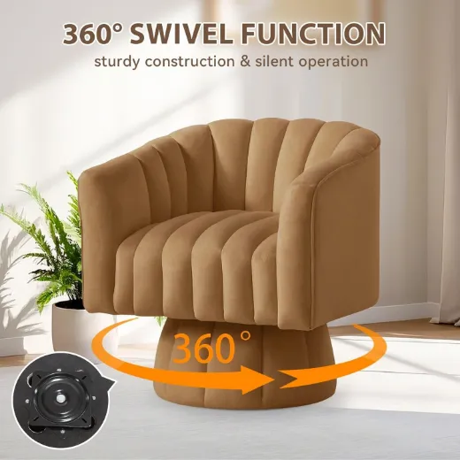 Picture of 360° Swivel Barrel Accent Chair: Mid-Century Modern, Wide Upholstered, Brown Velvet