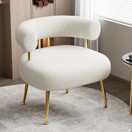 Picture of Mid-Century Modern Accent Chair: Round Upholstered, Cream White Sherpa Boucle, Space-Saving Comfort