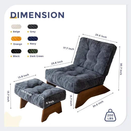 Picture of Adjustable Accent Chair with Ottoman: Tufted, Dark Grey Upholstery, Modern Lounge Set