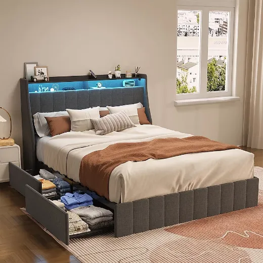 Picture of Queen Size Metal Bed Frame: Gray Upholstered with LED Lighting, Integrated Headboard Shelves & Four Sliding Storage Drawers, Contemporary Style