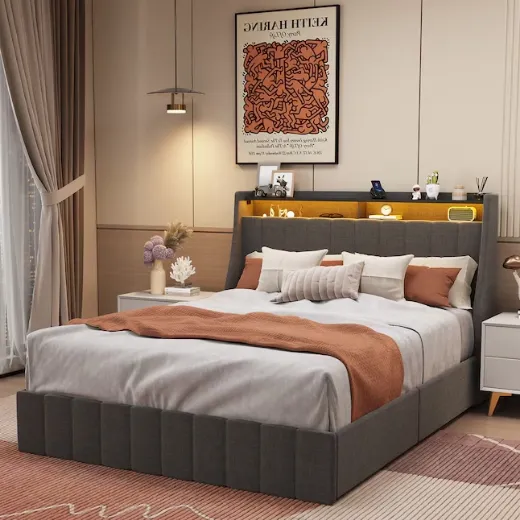 Picture of Queen Size Metal Bed Frame: Gray Upholstered with LED Lighting, Integrated Headboard Shelves & Four Sliding Storage Drawers, Contemporary Style